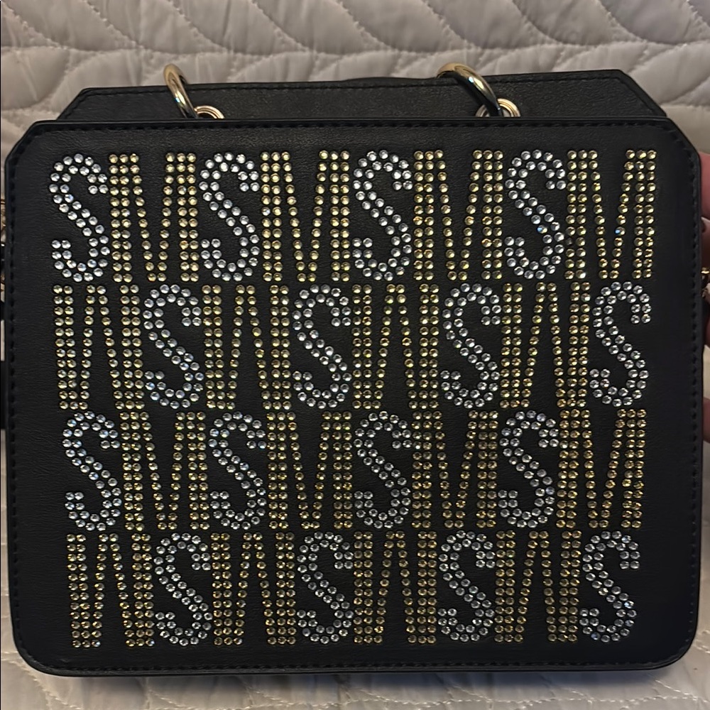 Steve Madden Bevelyn Rhinestone Logo Two Tone Satchel Black/Silver/Gold